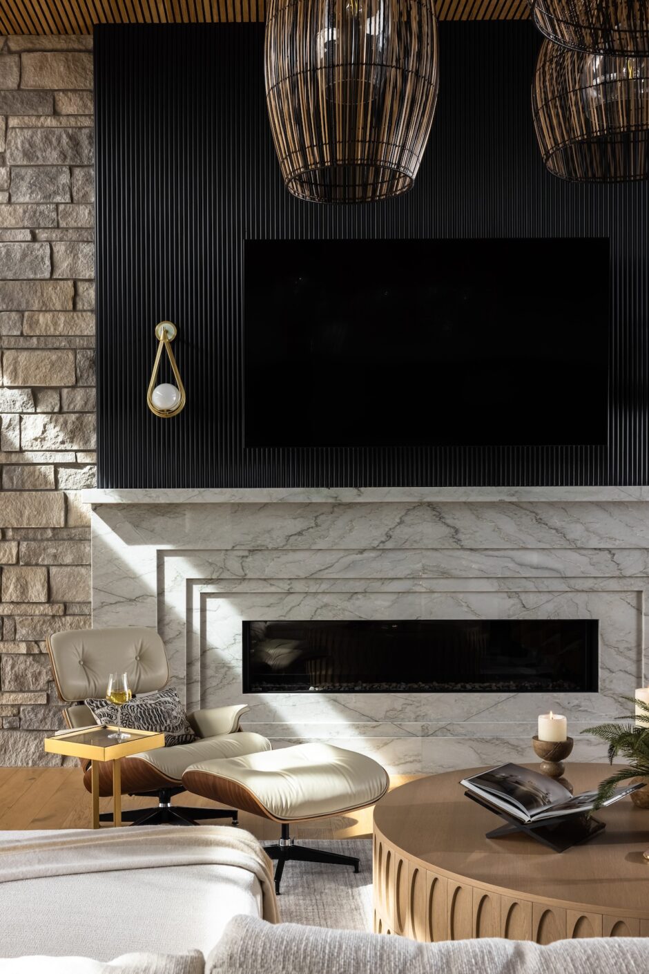 Living Room With Modern Fireplace Design Eames Chair