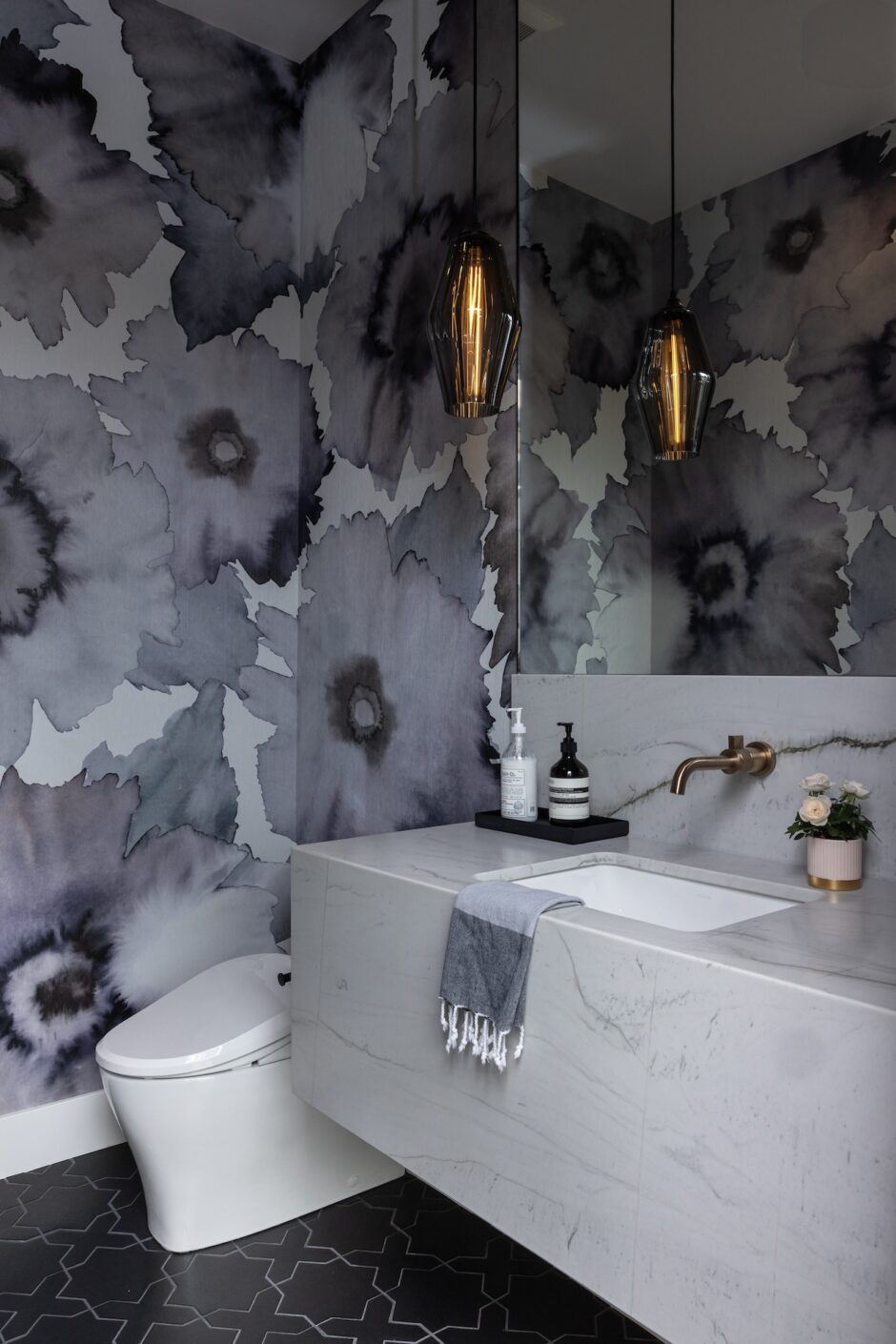 Powder Room Design Floral Wallpaper
